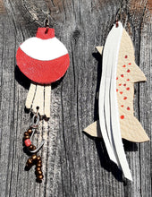 Load image into Gallery viewer, Crème, Red & White Fish and Bobber Earrings with Worm