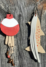 Load image into Gallery viewer, Crème, Red & White Fish and Bobber Earrings with Worm