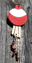 Load image into Gallery viewer, Crème, Red & White Fish and Bobber Earrings with Worm