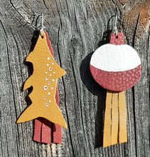 Load image into Gallery viewer, Maroon and Buckskin Fish and Bobber Earrings