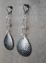 Load image into Gallery viewer, Silver dangle earrings with vintage Cabella's spinner