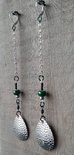 Load image into Gallery viewer, Silver and green drop earrings with vintage Cabella's spinner blades