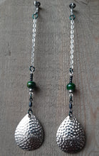 Load image into Gallery viewer, Silver and green drop earrings with vintage Cabella's spinner blades