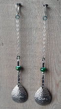 Load image into Gallery viewer, Silver and green drop earrings with vintage Cabella's spinner blades