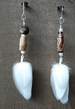 Load image into Gallery viewer, White, natural duck feather earrings with bone beads