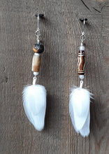 Load image into Gallery viewer, White, natural duck feather earrings with bone beads