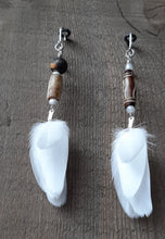 Load image into Gallery viewer, White, natural duck feather earrings with bone beads