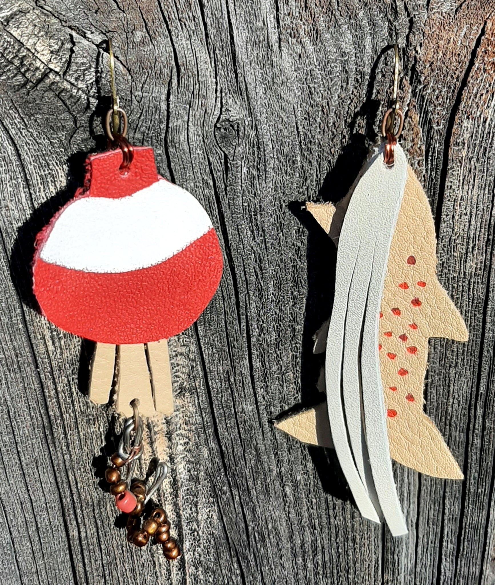 Crème, Red & White Fish and Bobber Earrings with Worm