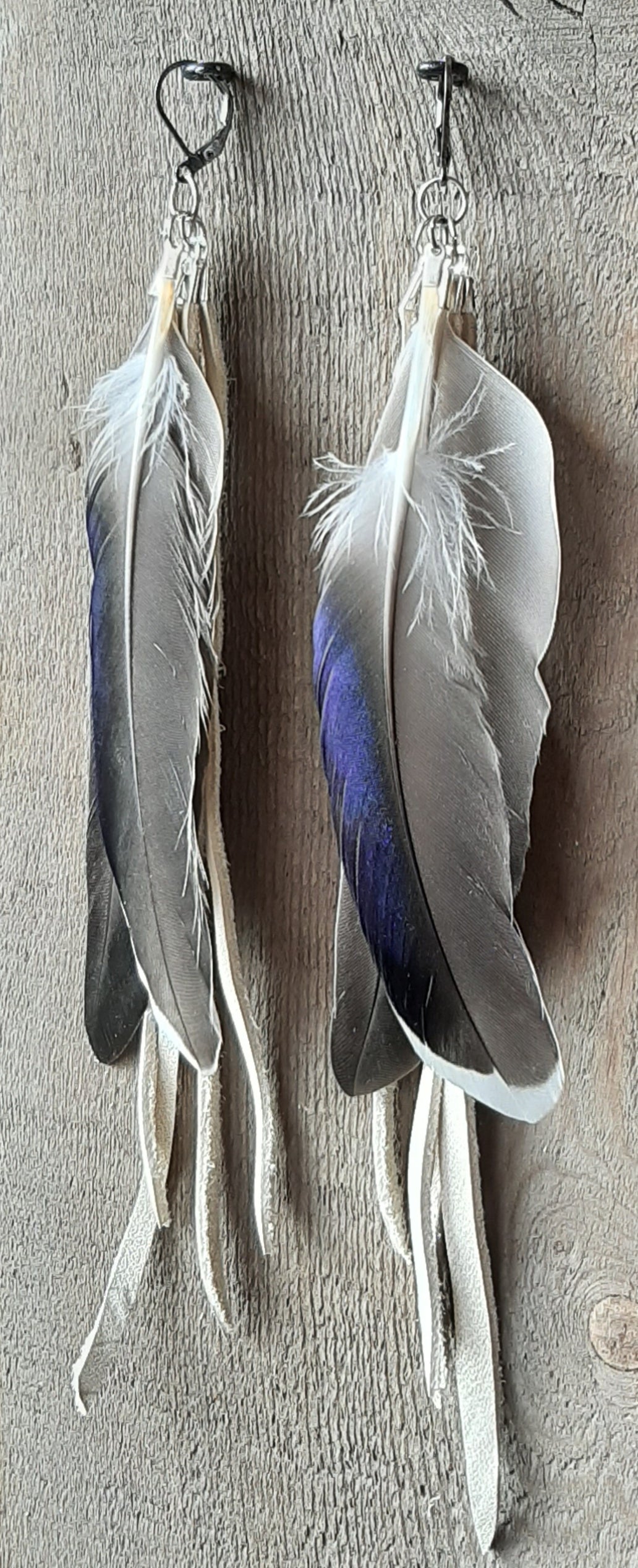 Natural Mallard feather earrings with white leather