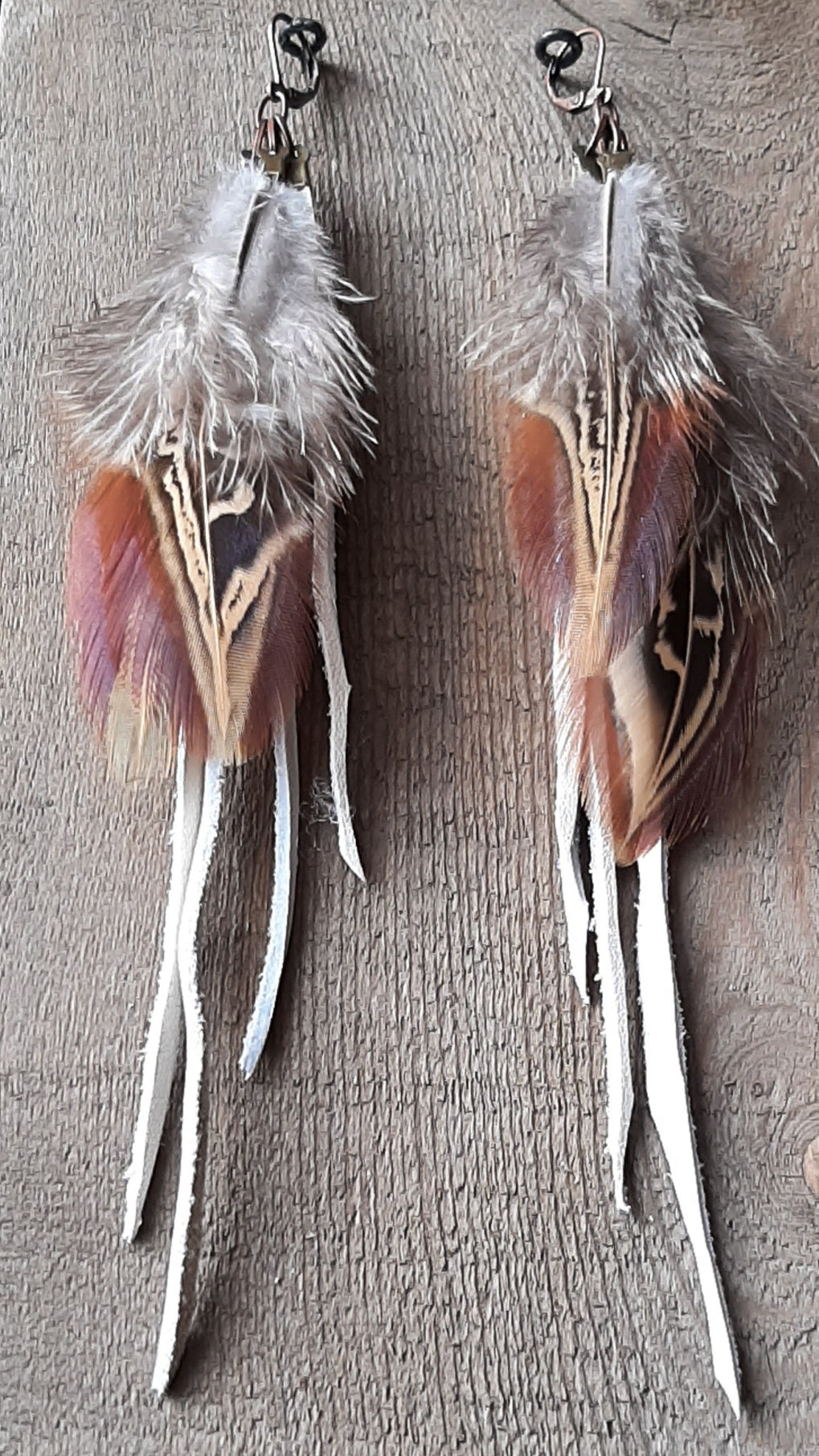 Natural Pheasant feather earrings with white leather