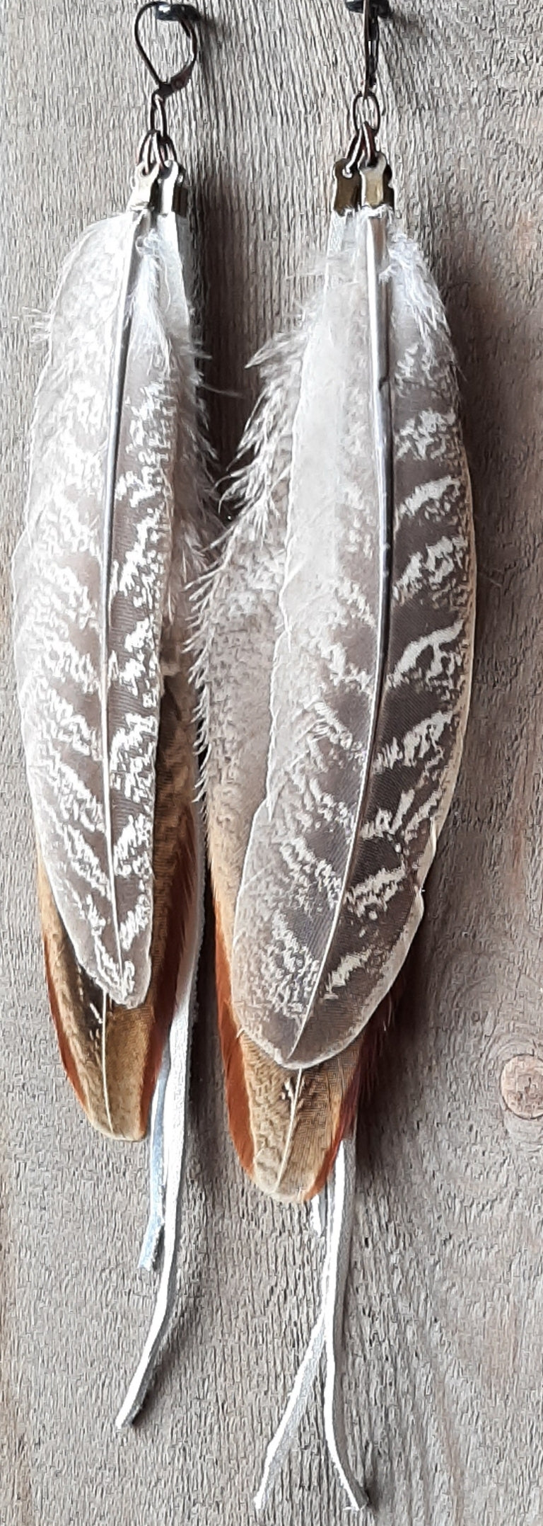 Natural Pheasant feather earrings with white leather