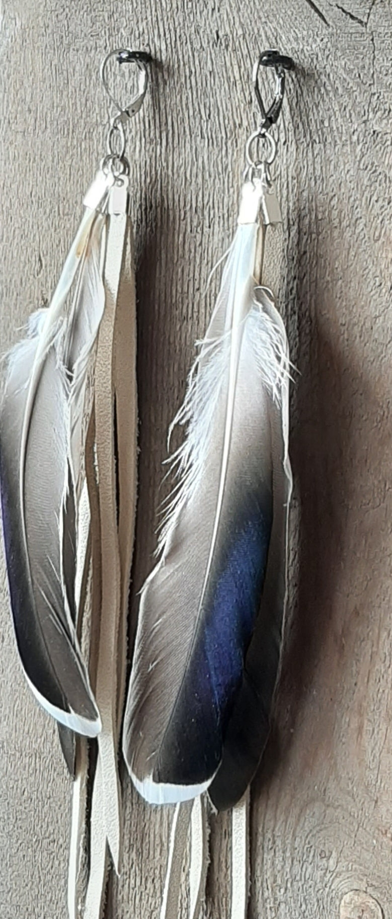 Natural Duck feather earrings with white leather