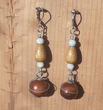 Load image into Gallery viewer, Brown &amp; blue wire wrapped drop earrings
