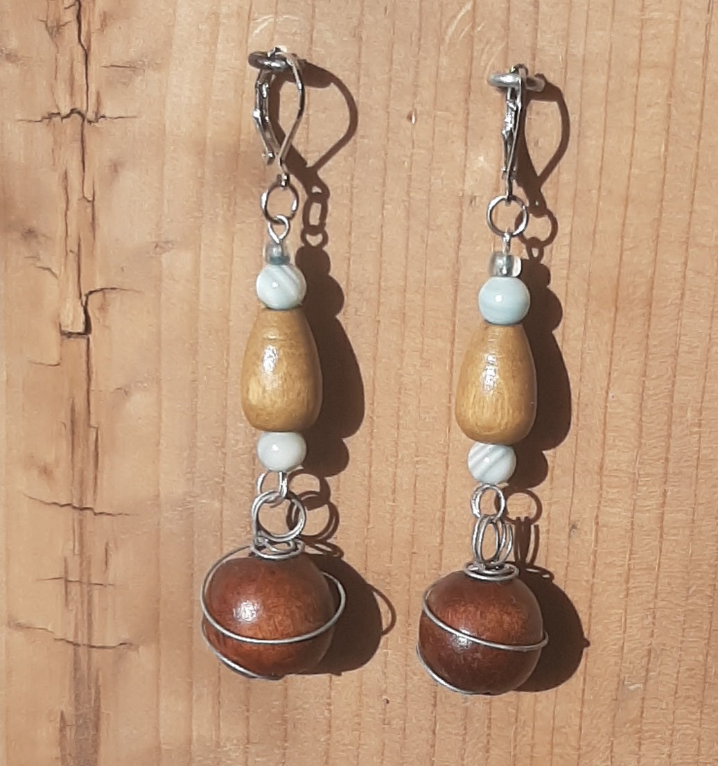 Brown & blue wire wrapped drop earrings