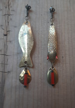 Load image into Gallery viewer, Aged gold vintage lure earrings with reddish orange
