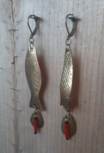 Load image into Gallery viewer, Aged gold vintage lure earrings with reddish orange
