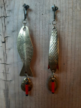 Load image into Gallery viewer, Aged gold vintage lure earrings with reddish orange
